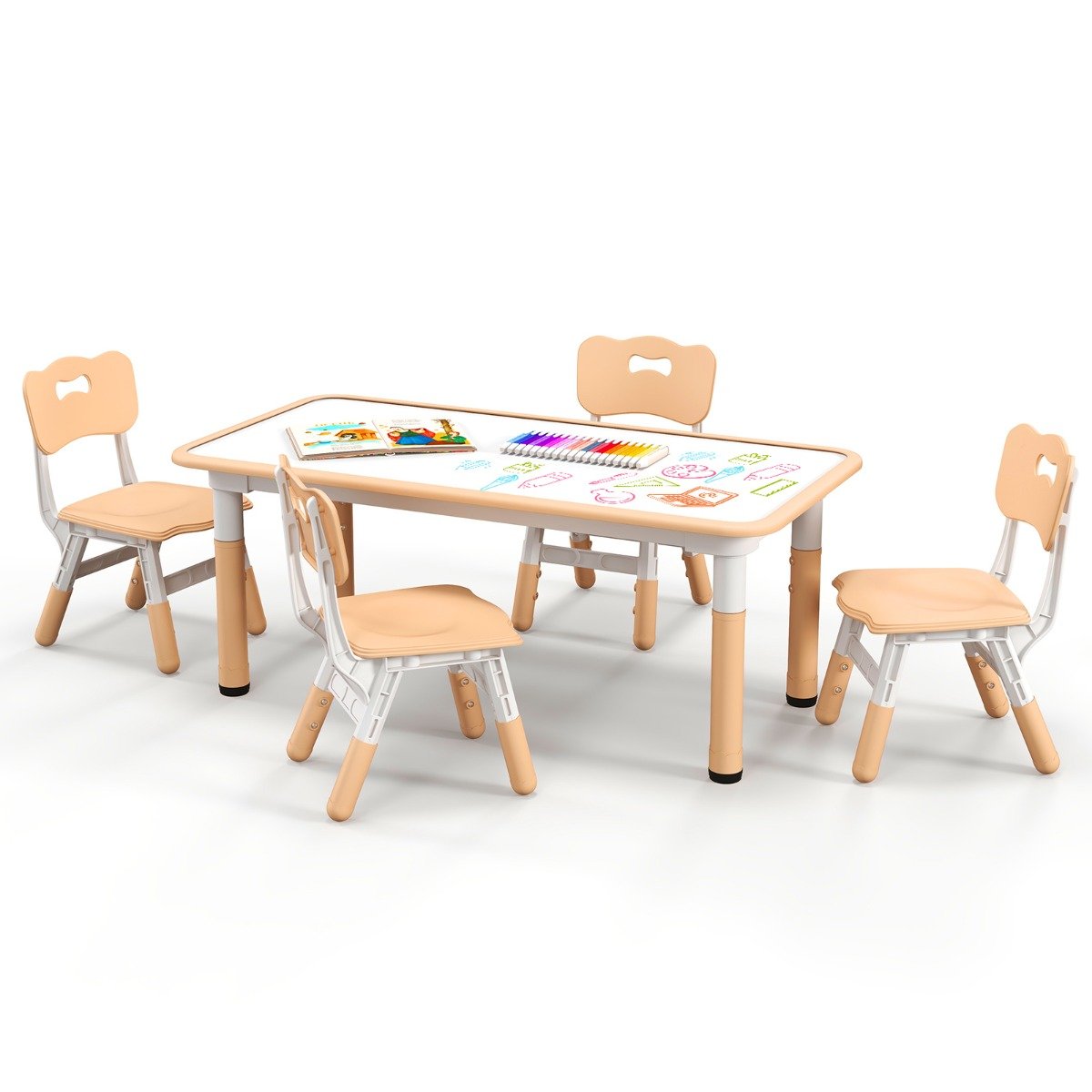 Kids Table and 4 Chairs Set with Graffiti Desktop for Home Daycare School-Natural