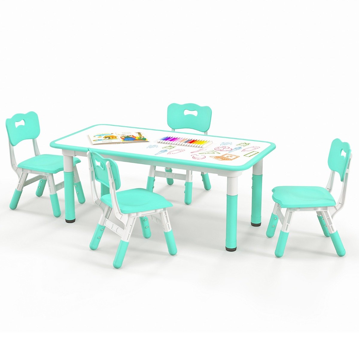 Kids Table and 4 Chairs Set with Graffiti Desktop for Home Daycare School-Green