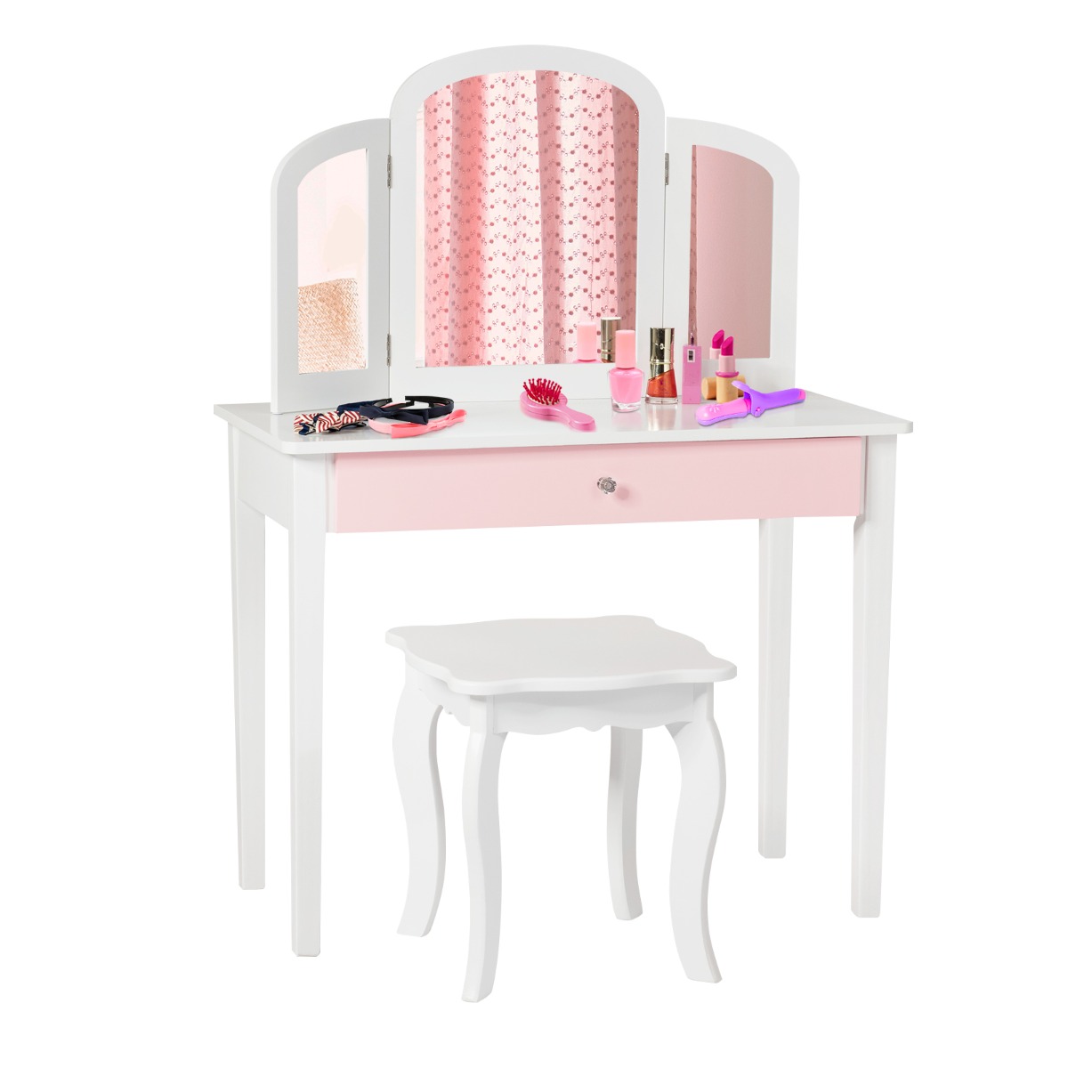 Kids Vanity Table and Stool Set Princess Makeup Dressing Table-White