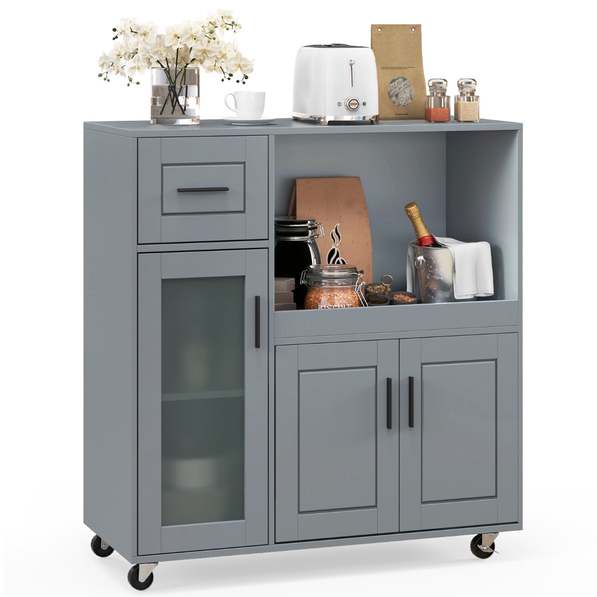 Rolling Kitchen Island with Drawer and Glass Door Cabinet-Grey