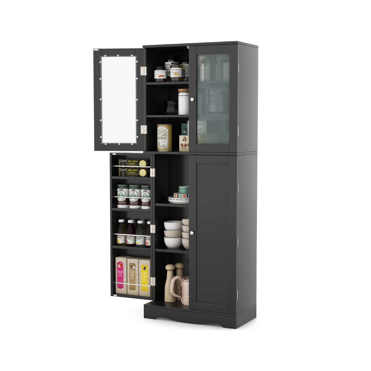 Kitchen Pantry Storage Cabinet with Glass Doors and Storage Shelves-Black