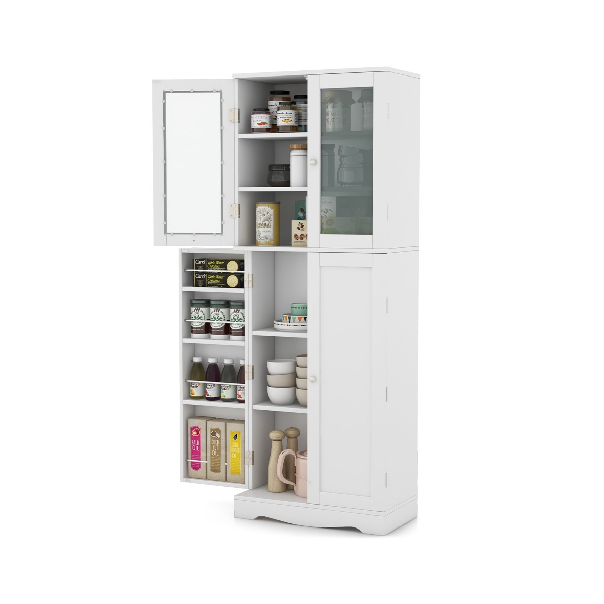 Kitchen Pantry Storage Cabinet with Glass Doors and Storage Shelves-White