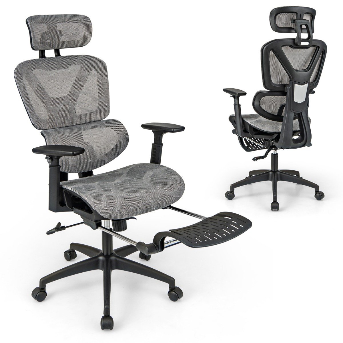 Mesh Office Chair with Retractable Footrest and Waterfall Seat-Grey