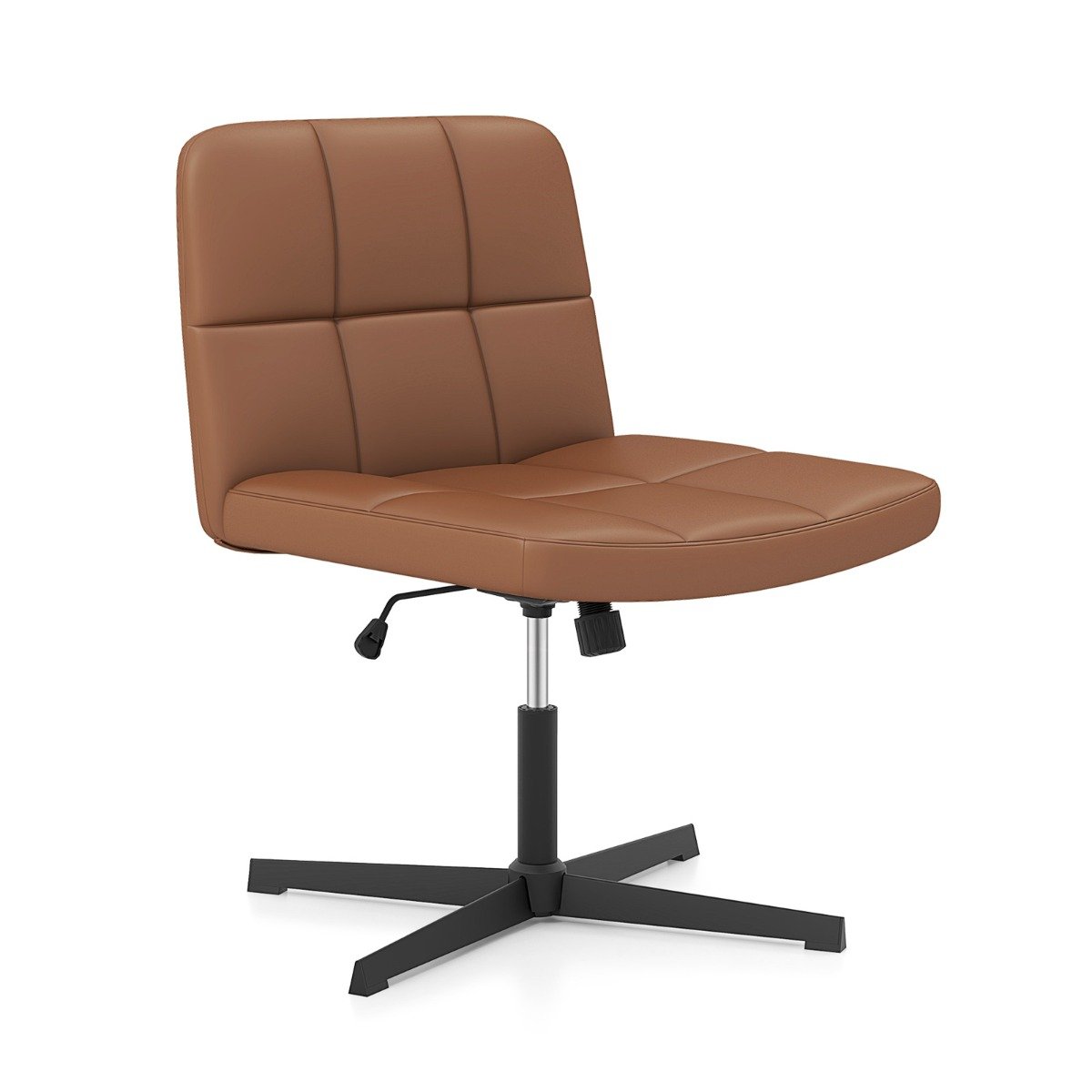 PU Leather Upholstered Armless Cross Legged Office Desk Chair No Wheels-Brown