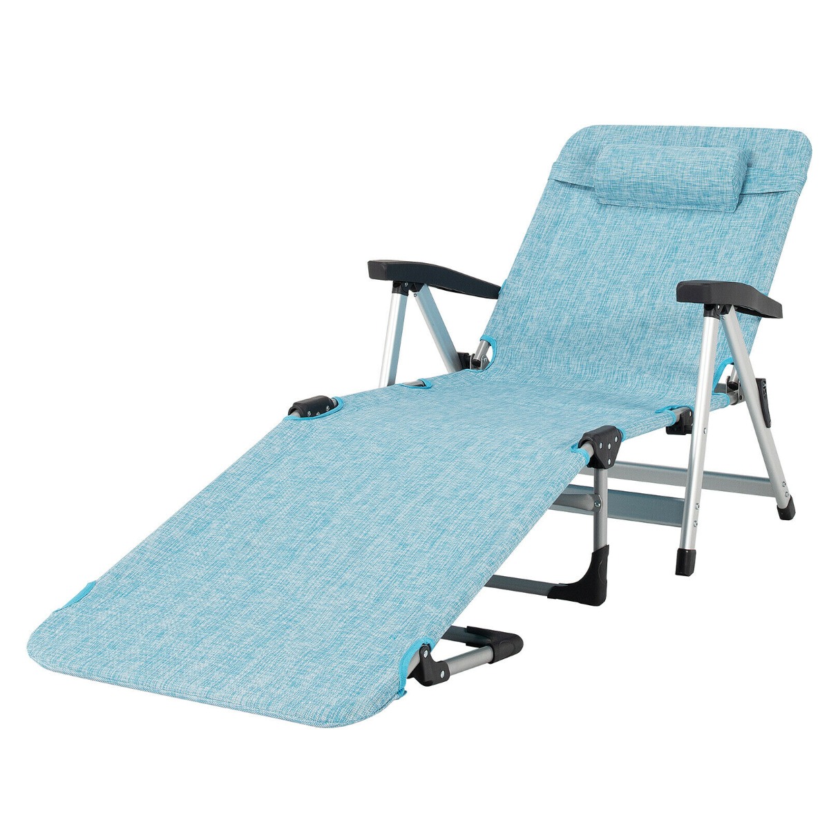 Folding Outdoor Chaise Lounger with Detachable Pillow and Cup Holder-Blue