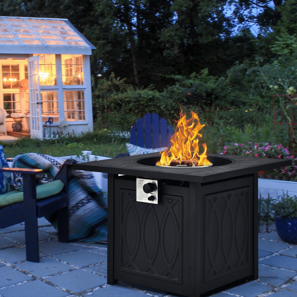 000 BTU Propane Fire Pit Table Square Heater with Lava Rocks Cover-Black