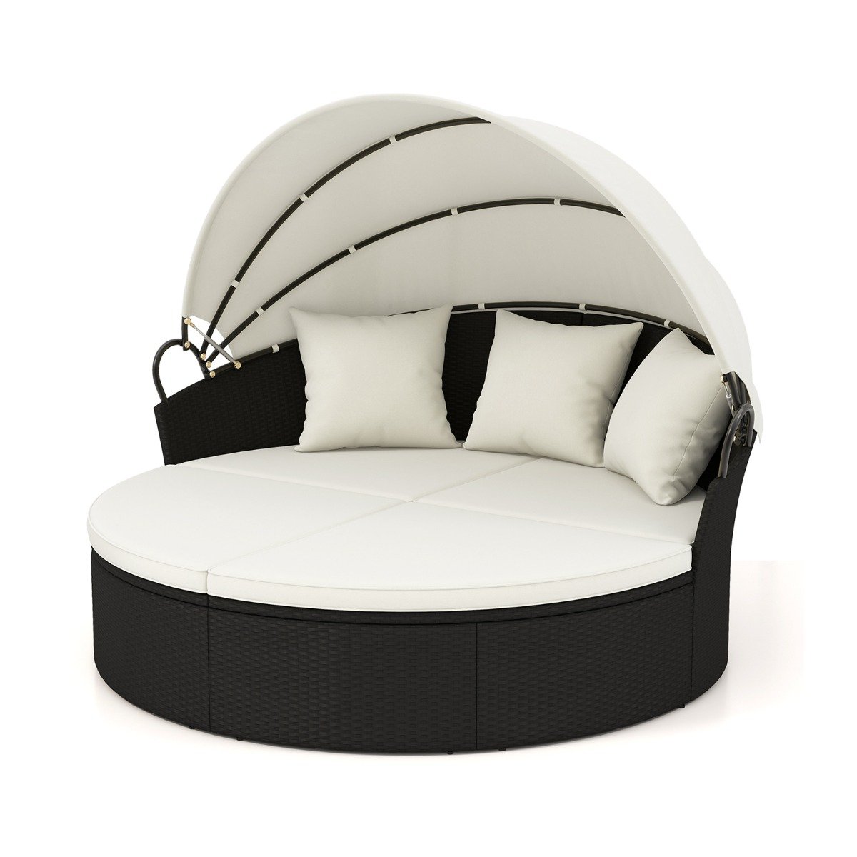 Outdoor Patio Round Daybed with Retractable Canopy and Cushions and Throw Pillows-White