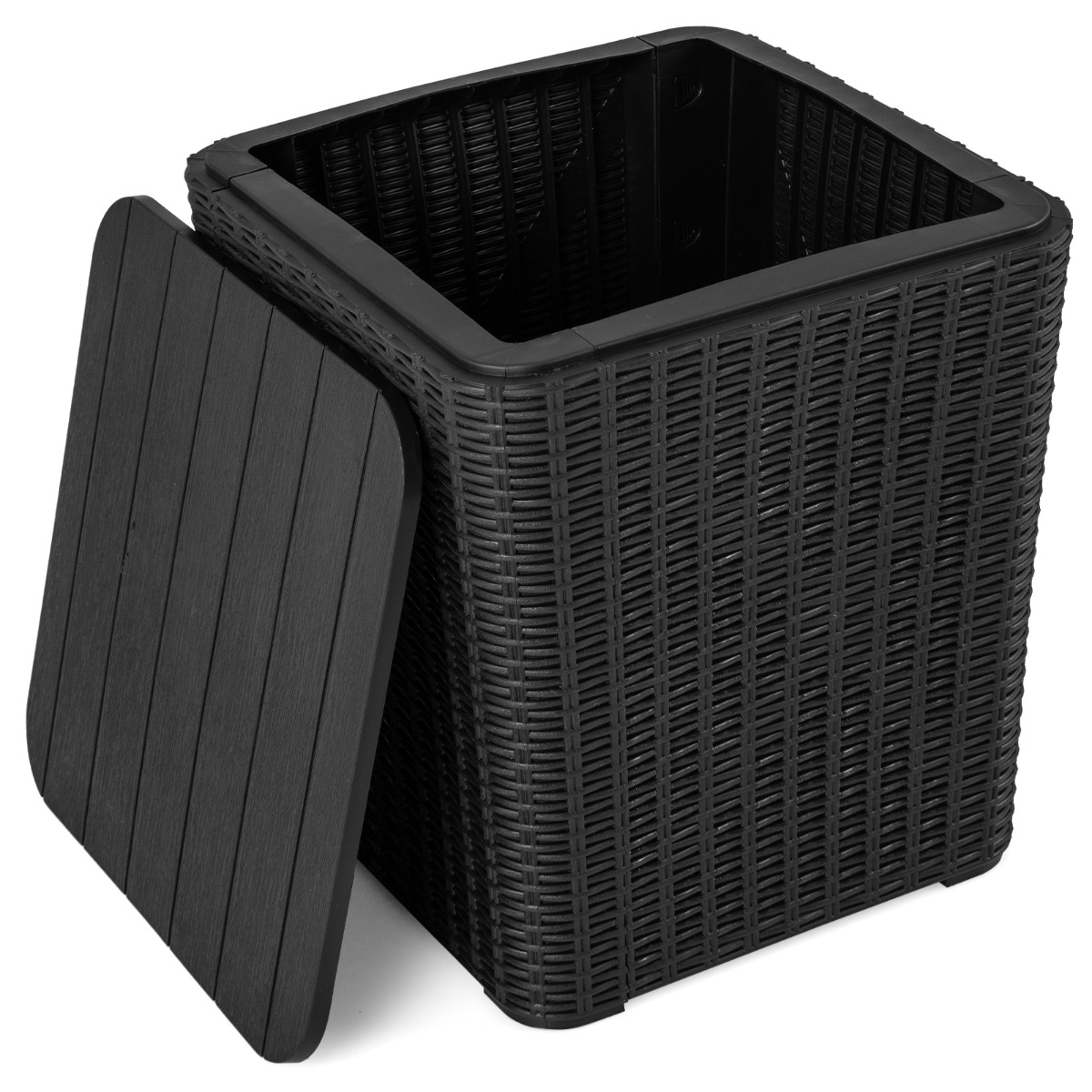 Outdoor Resin Storage Side Table with Removable Lid and Wicker-woven Accent-Black