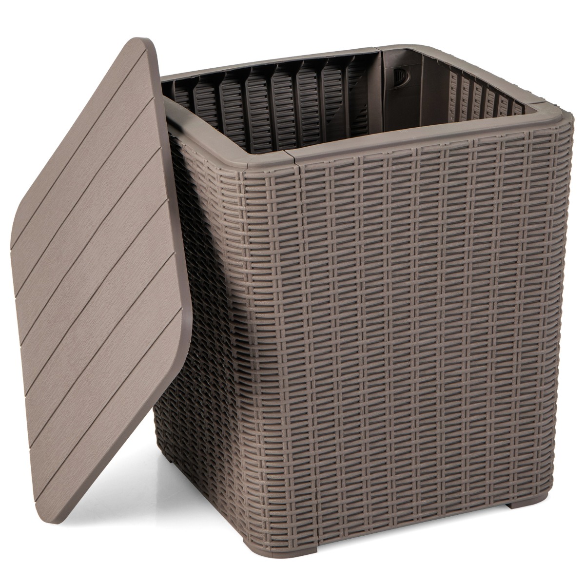 Outdoor Resin Storage Side Table with Removable Lid and Wicker-woven Accent-Brown