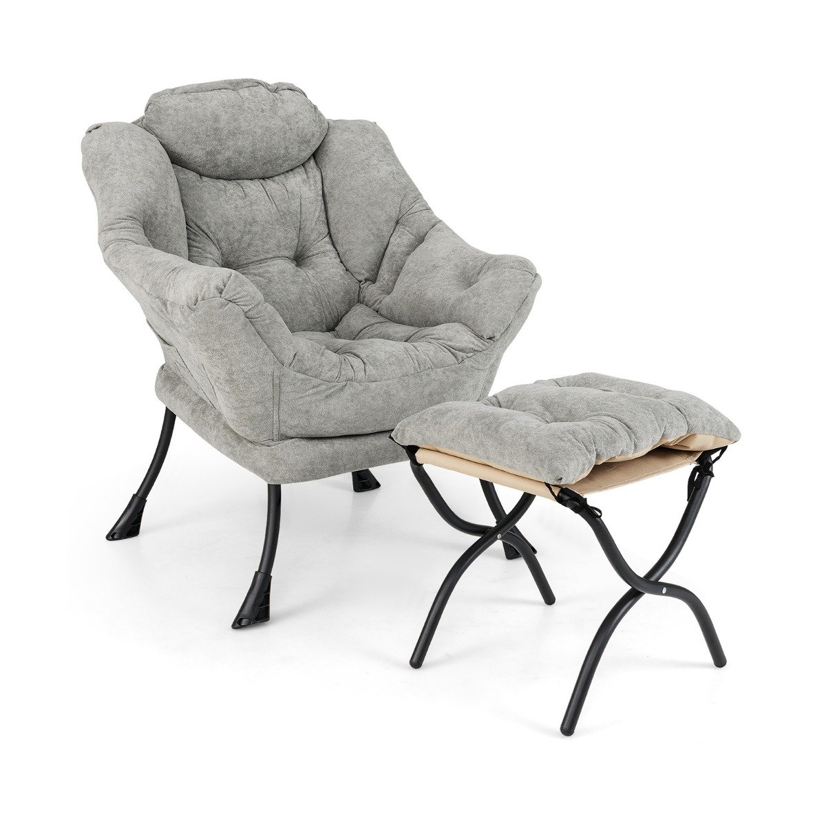 Oversized Sherpa Lounge Accent Chair with Folding Footrest and Side Pocket-Grey