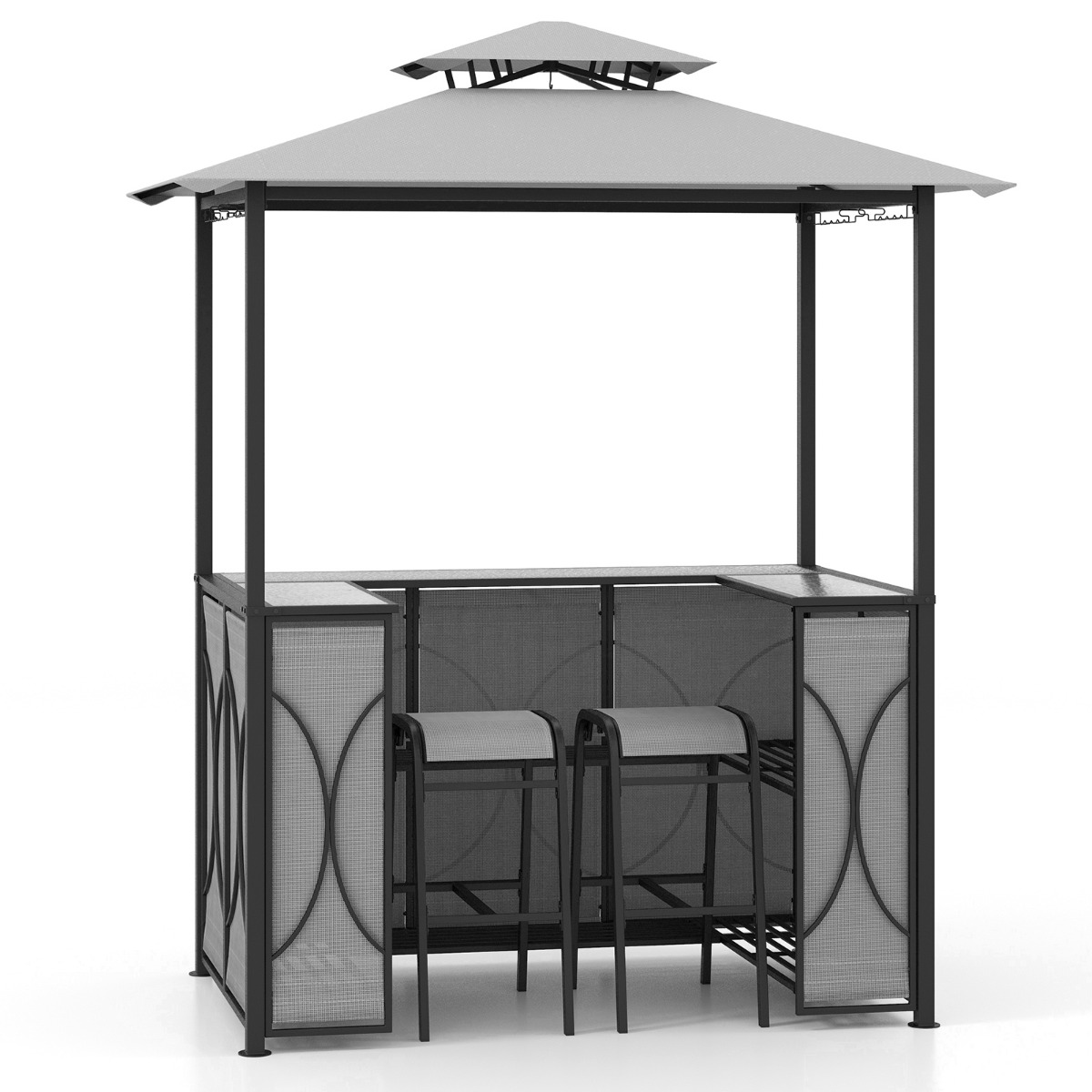 Grill Gazebo and 2 Bar Stools with Tempered Glass Bar Table for Patio Poolside Garden-Grey