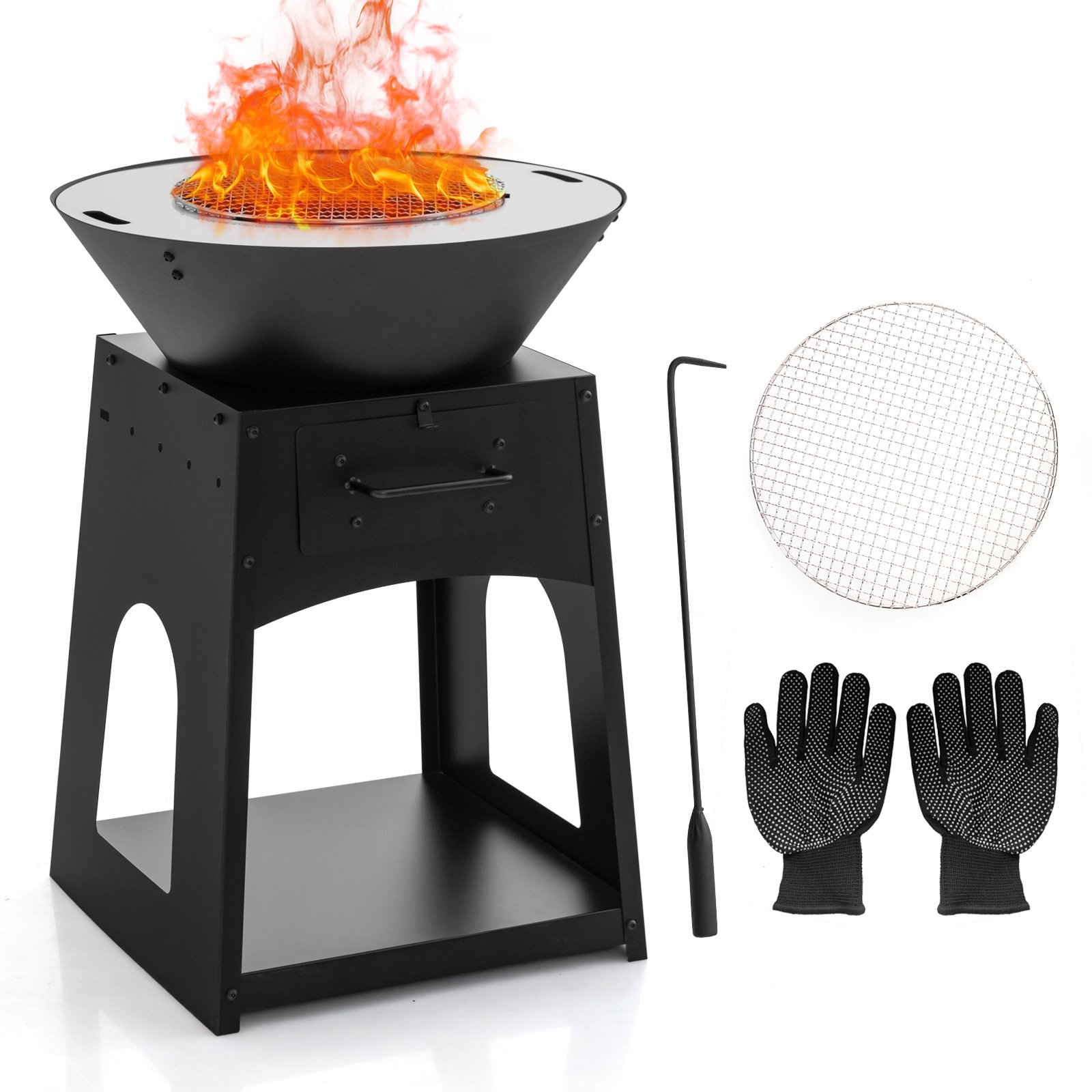 Heavy Duty Fire Pit With firewood rack and Fire Poker-Black