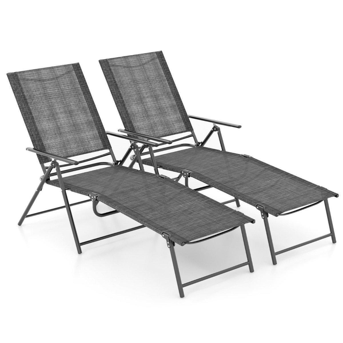 Patio Folding Chaise Lounge Chairs with 6-Level Backrest and Solid Metal Frame-Grey