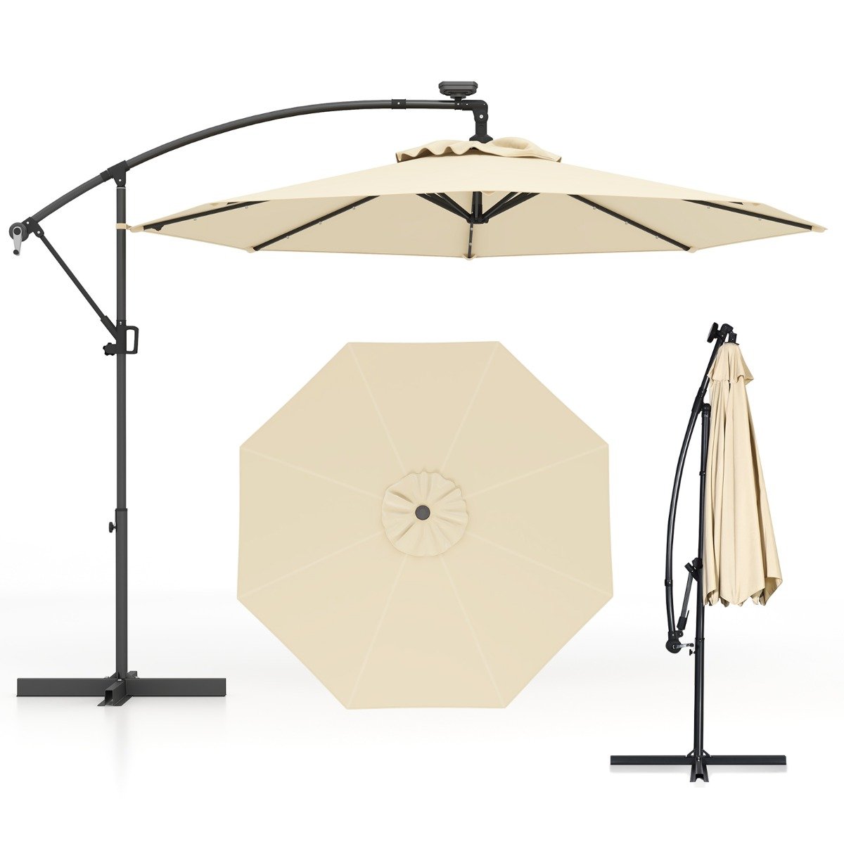 Patio Umbrella Solar LED Cantilever Umbrella with Tilt Adjustment-Beige