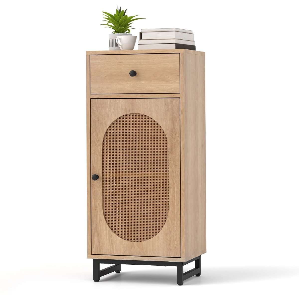 PE Rattan Storage Cabinet with Adjustable Foot Pads and Anti-toppling Kit-Natural