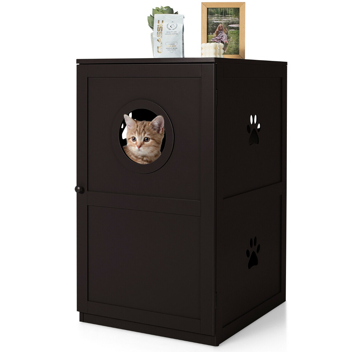 2-Tier Kitty Hidden Washroom Toilet with Entrance Hole and Door-Coffee