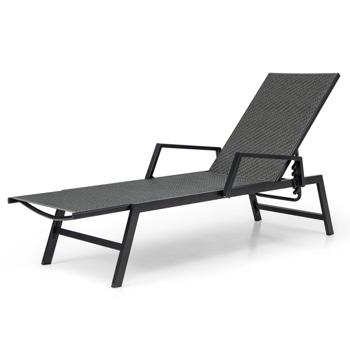 Outdoor Rattan Chaise Lounge with Armrests and 5-Position Backrest for Porch