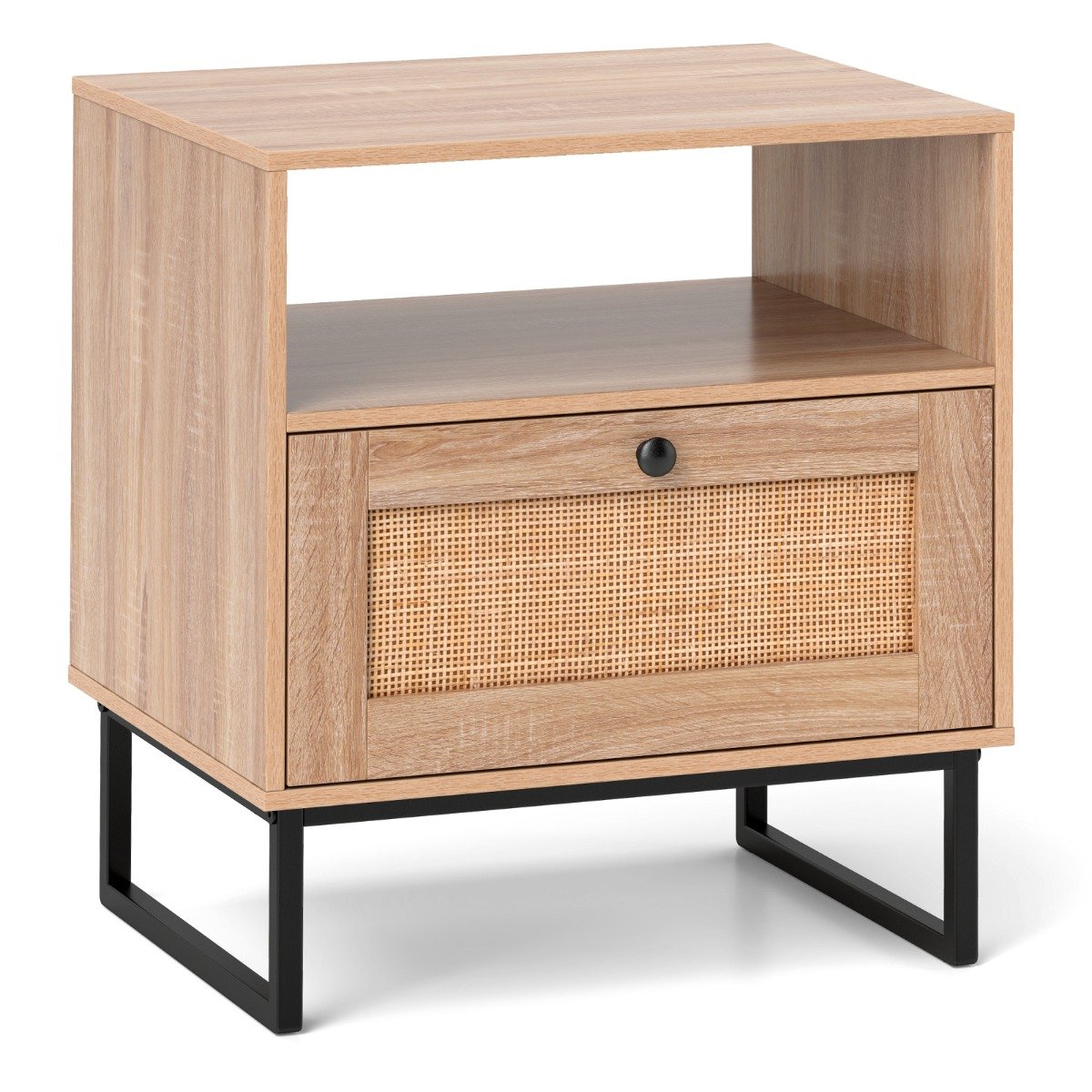 Mid Century Modern Bedside Table with Storage Drawer and Open Compartment-Natural