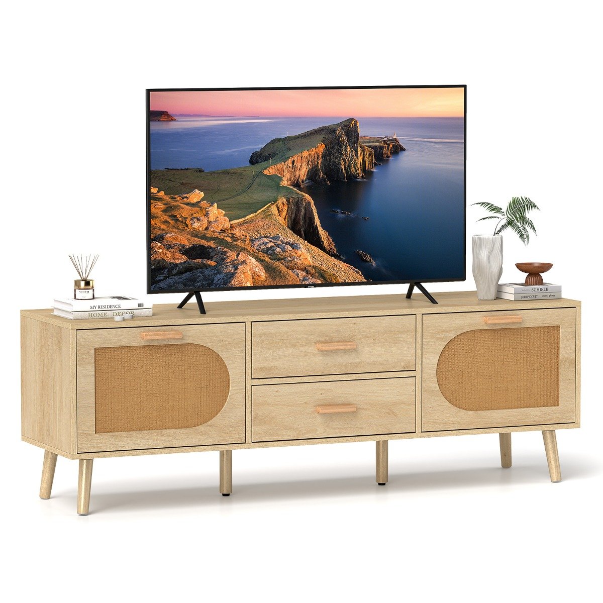 Rattan TV Stand for 65-Inch TV with Drawers and Solid Wood Legs-Natural