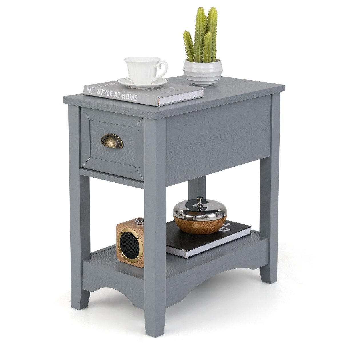 Rectangular Nightstand with 1 Drawer 1 Storing Shelf and 4 Solid Rubber wood Legs-Grey