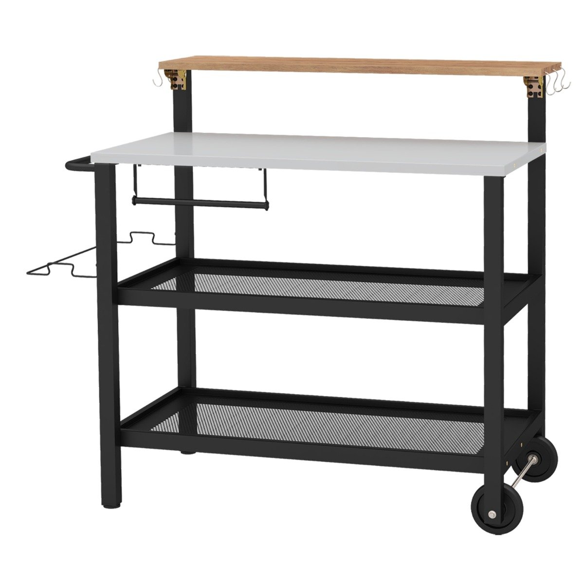 Rolling Bar Cart with Flip-up Table with Hooks and Foldable Handle