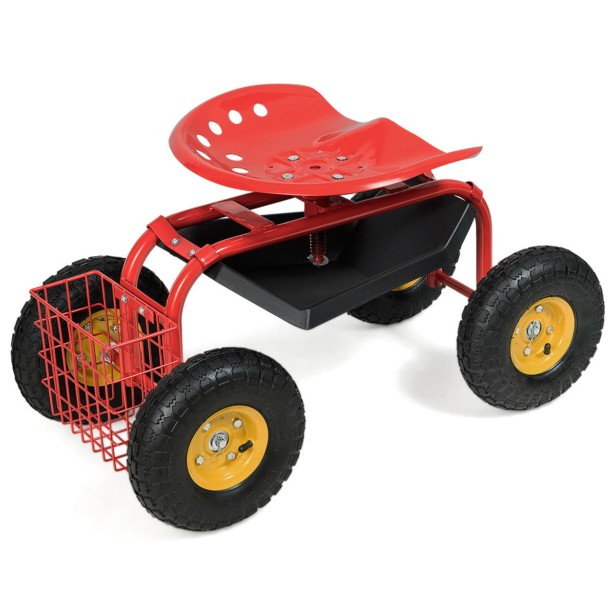 Rolling Gardening Cart with Adjustable Height and 360° Swivel Seat-Red