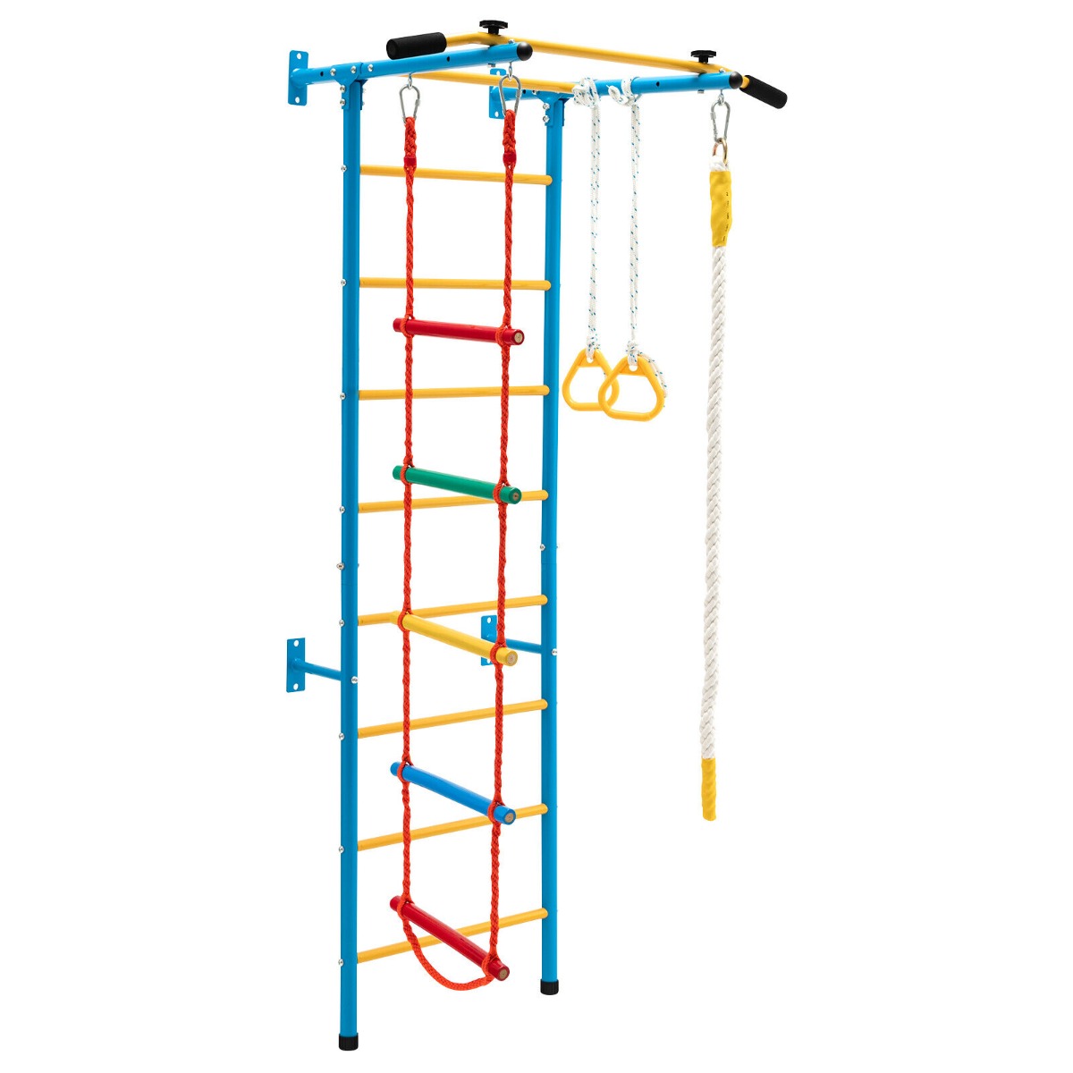 Swedish Ladder Set with Climbing Frame Pull-up Bar Ropes and Rings-Yellow & Blue