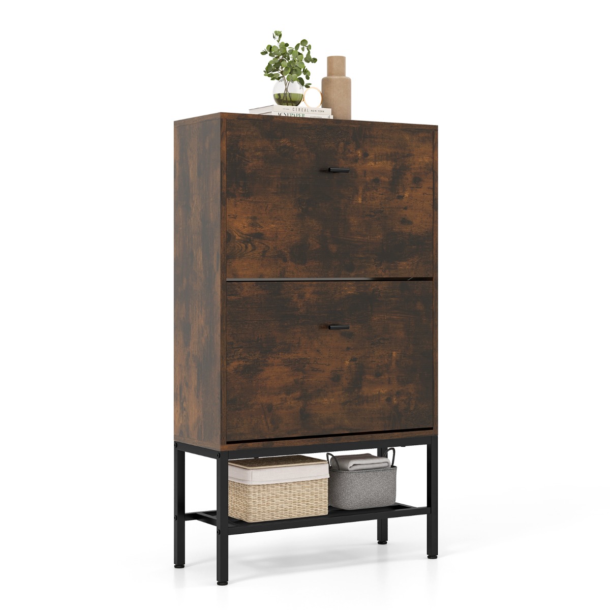 Shoe Storage Cabinet with 2 Flip Drawers and Adjustable and Removable Shelves-Rustic Brown