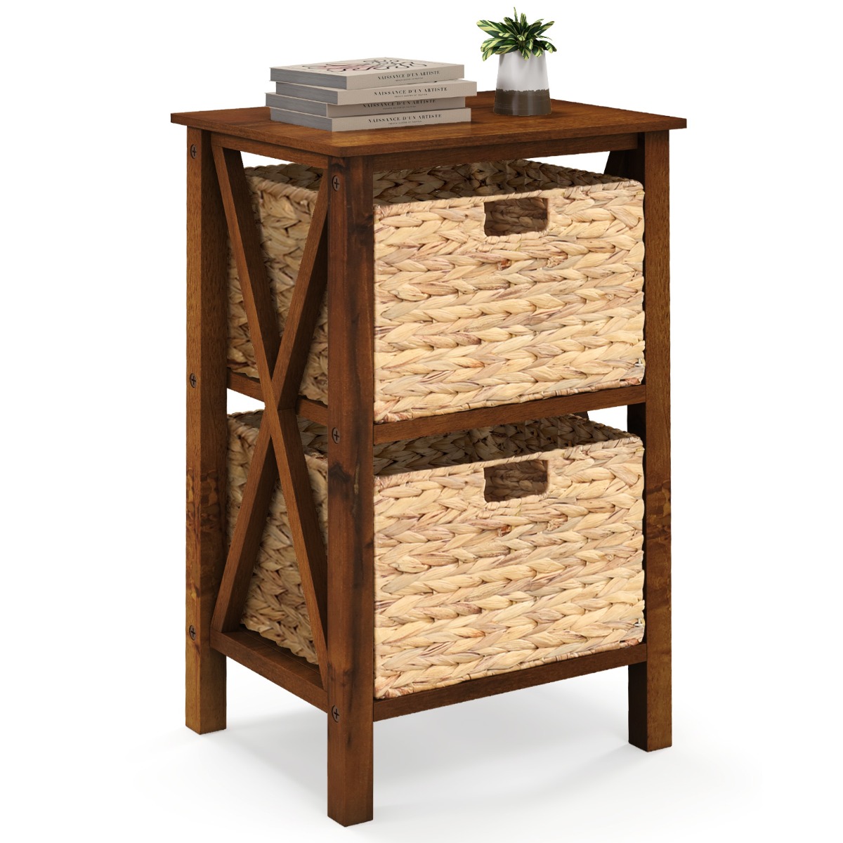 Sofa Side Table with Seagrass Baskets and Rubber Wood X-Shaped Frames and Acacia Wood Legs-Rustic Brown-2-Tier