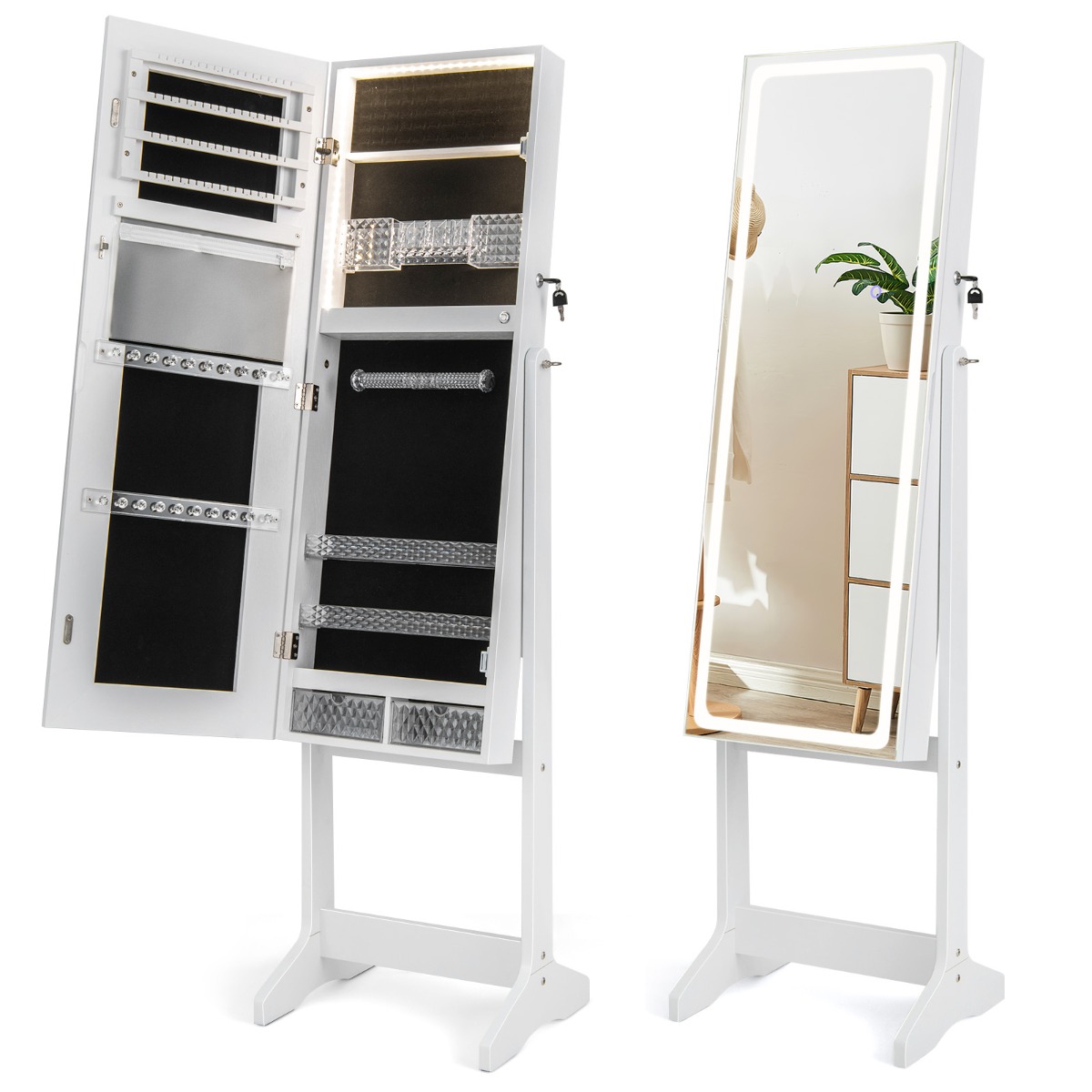 Standing Jewelry Cabinet with LED Lights Lipstick Box and 2 Drawers-White