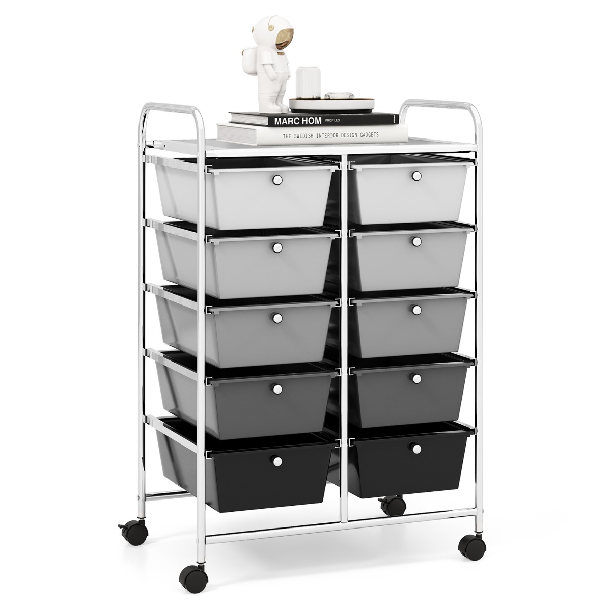 Storage Rolling Cart with 10-Drawer for Tools Scrapbook Paper Organising-Black &amp; Grey