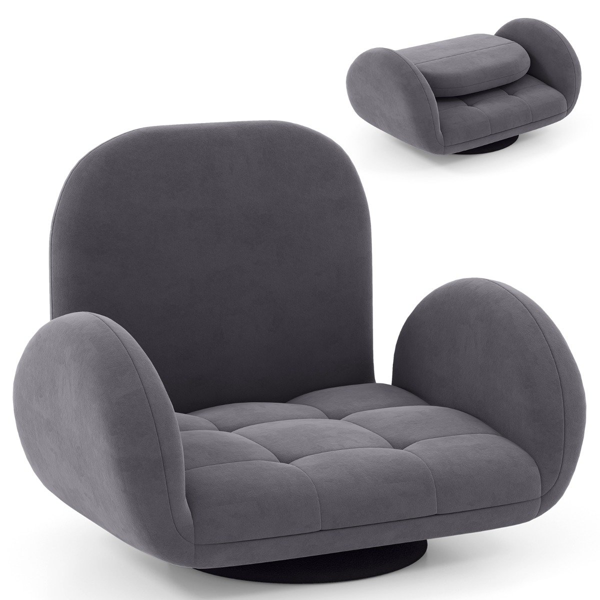 Swivel Floor Chair with Adjustable Backrest and Armrests-Grey