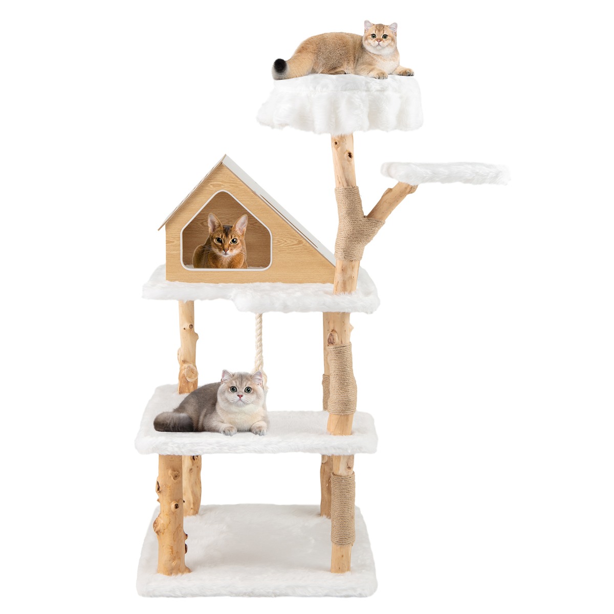 149 cm Tall Solid Wood Cat Tree with 2 Perches Condo and Jute Scratching Posts-White