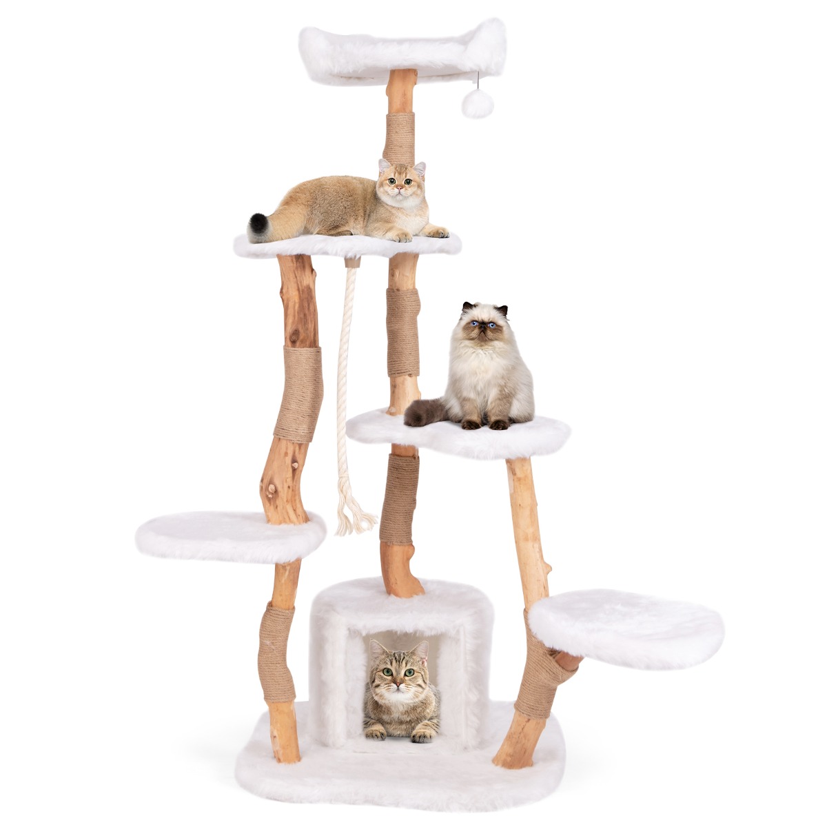 168 cm Tall Solid Wood Cat Tree with Perch Condo and Jute Scratching Posts-White