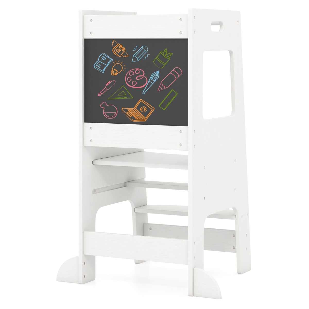 Toddler Kitchen Step Stool with Activity Chalkboard and Adjustable Height-White