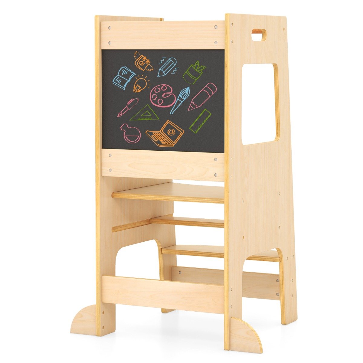 Toddler Kitchen Step Stool with Activity Chalkboard and Adjustable Height-Natural