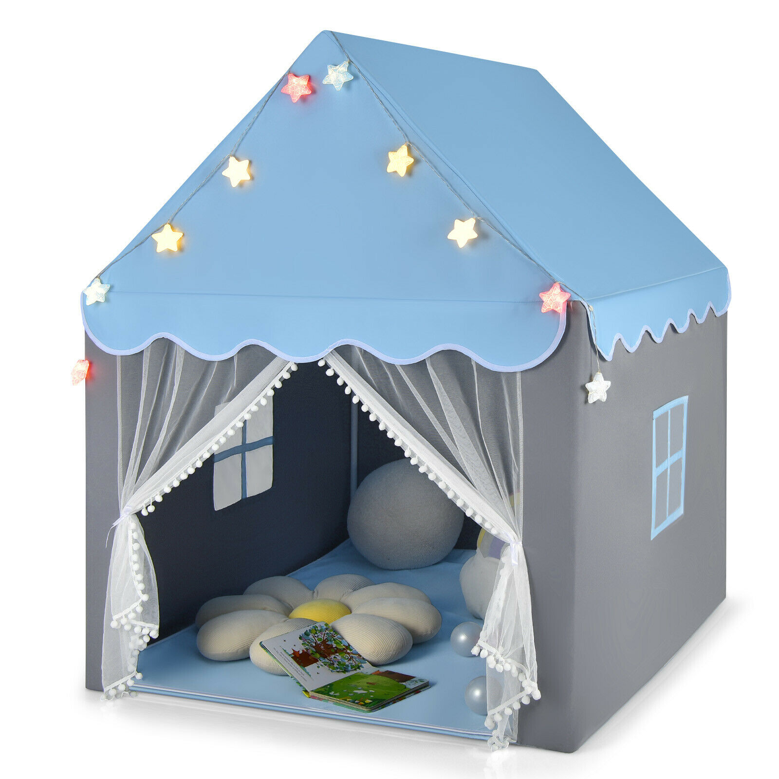 Large Kids Play House with Washable Mat and Star Lights-Blue