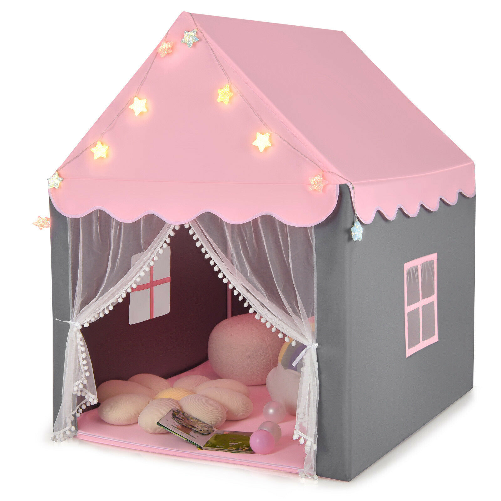 Large Kids Play House with Washable Mat and Star Lights-Pink