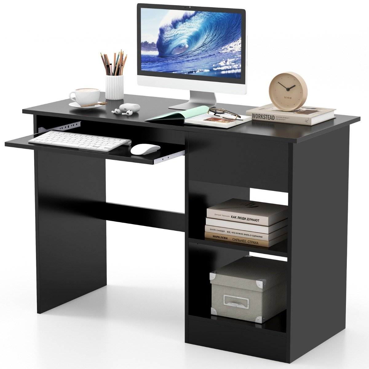 Wooden Computer Desk with Pull-out Keyboard Tray and Adjustable Storage Shelves-Black