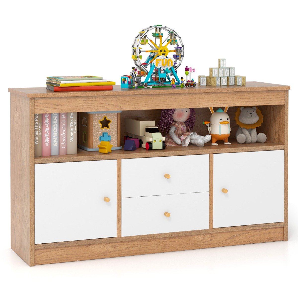 Wooden Kids Toy Children Bookshelf Storage Chest with Open Shelf-Natural