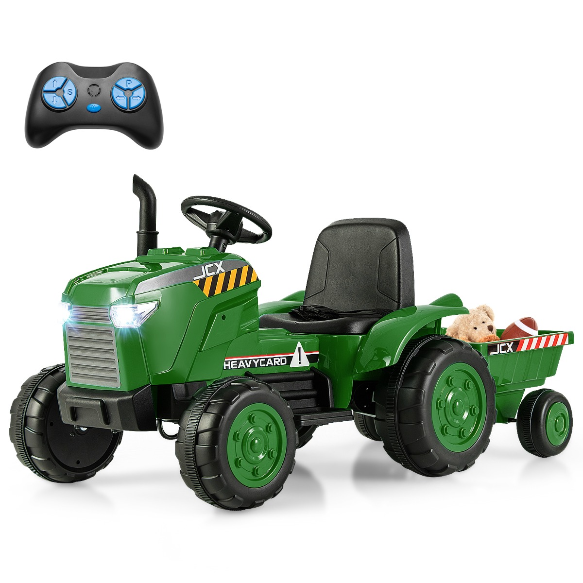 12V Kids Ride On Tractor with Trailer with Remote Control and Lights and Horn-Dark Green