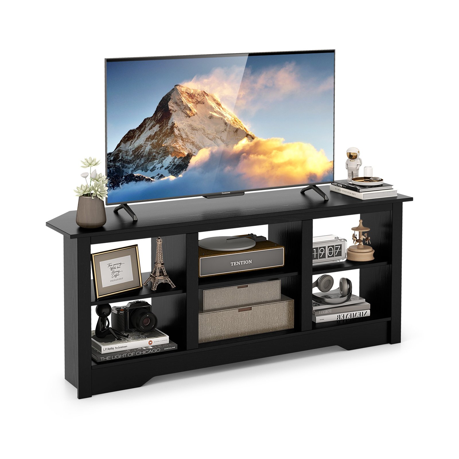 147cm TV Stand for TVs up to 65 Inches with 6 Open Storage Shelves-Black