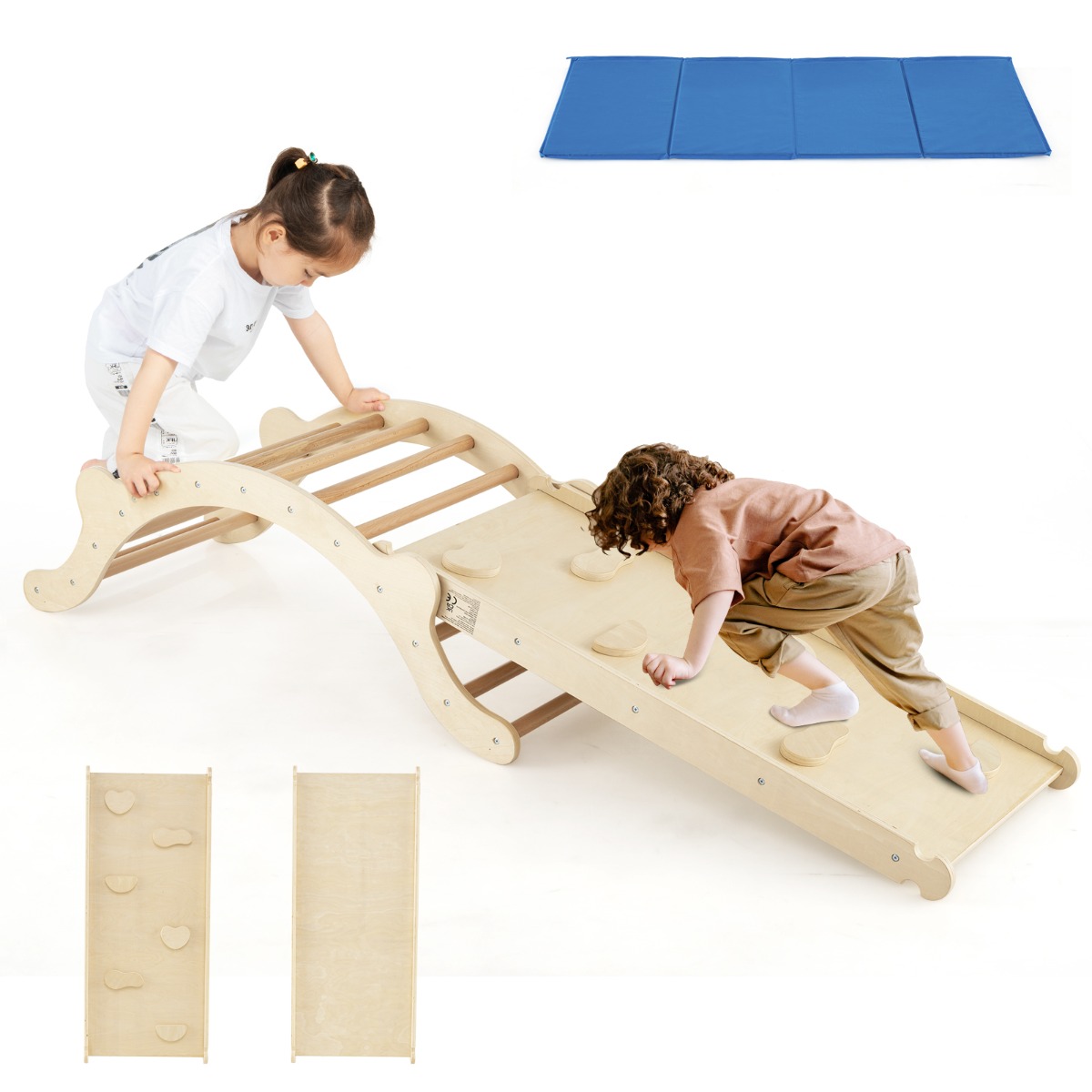 3-In-1 Wooden Climber with Ramp Toddler Climber Arch-Natural