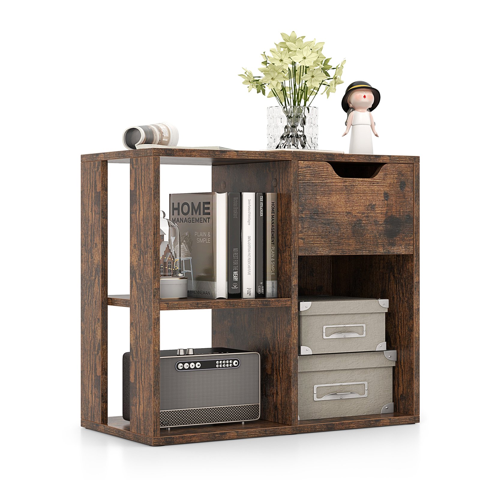 3-Cube Wooden Storage Shelf with Drawer-Rustic Brown