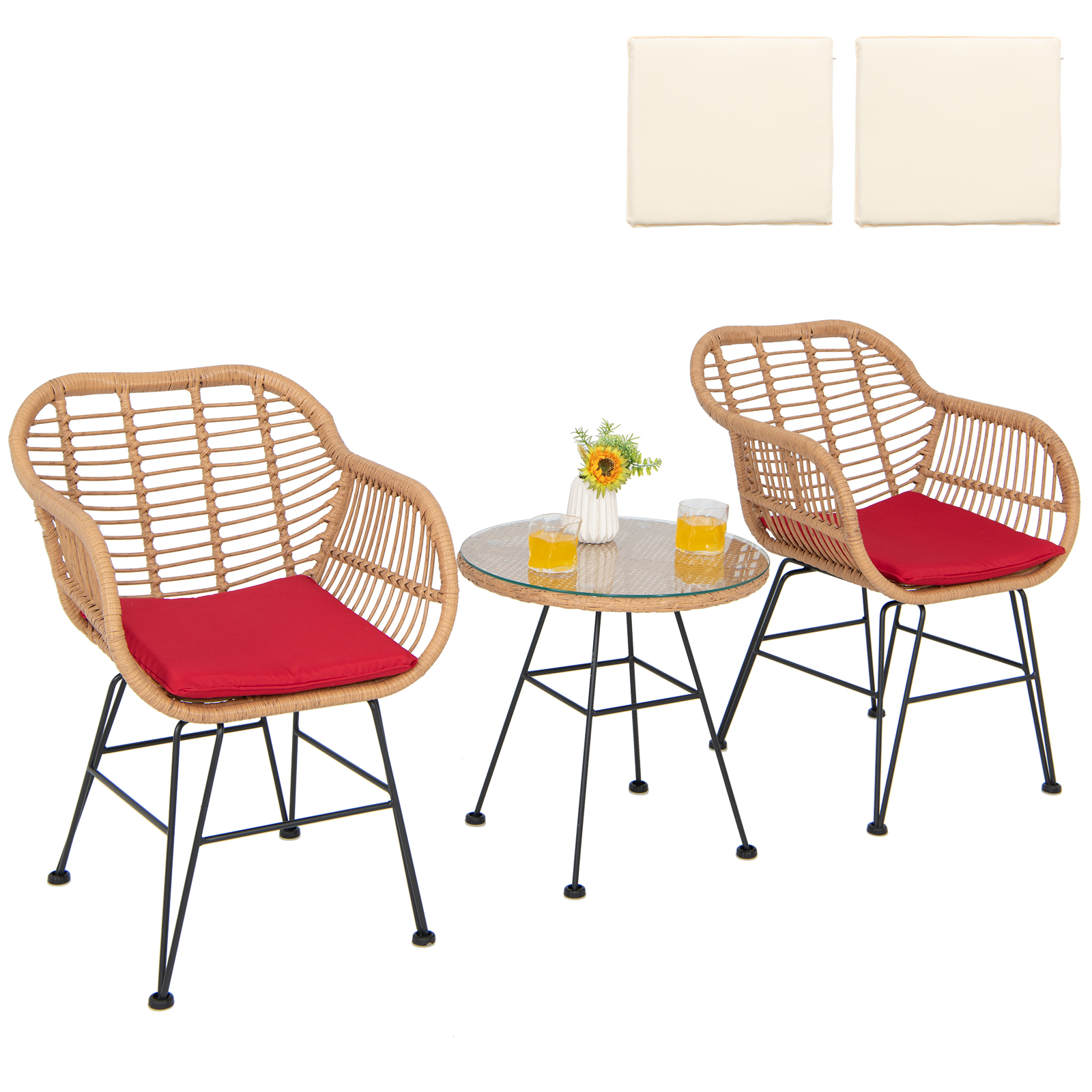 3 Pieces Patio Bistro Set with White Fabric Replacements-Red