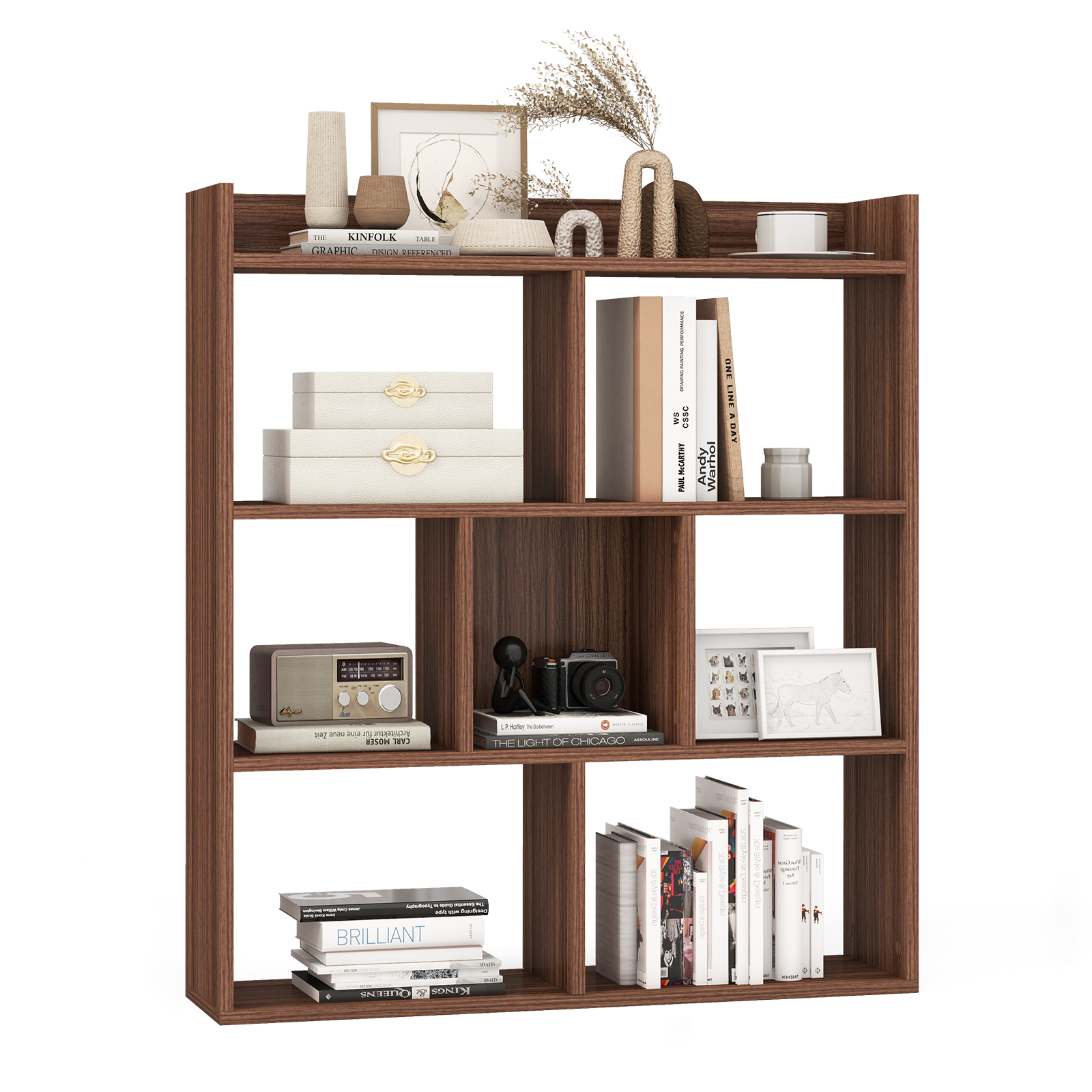 7 Cubes Open-back Bookshelf Home Storage Display Shelf-Walnut