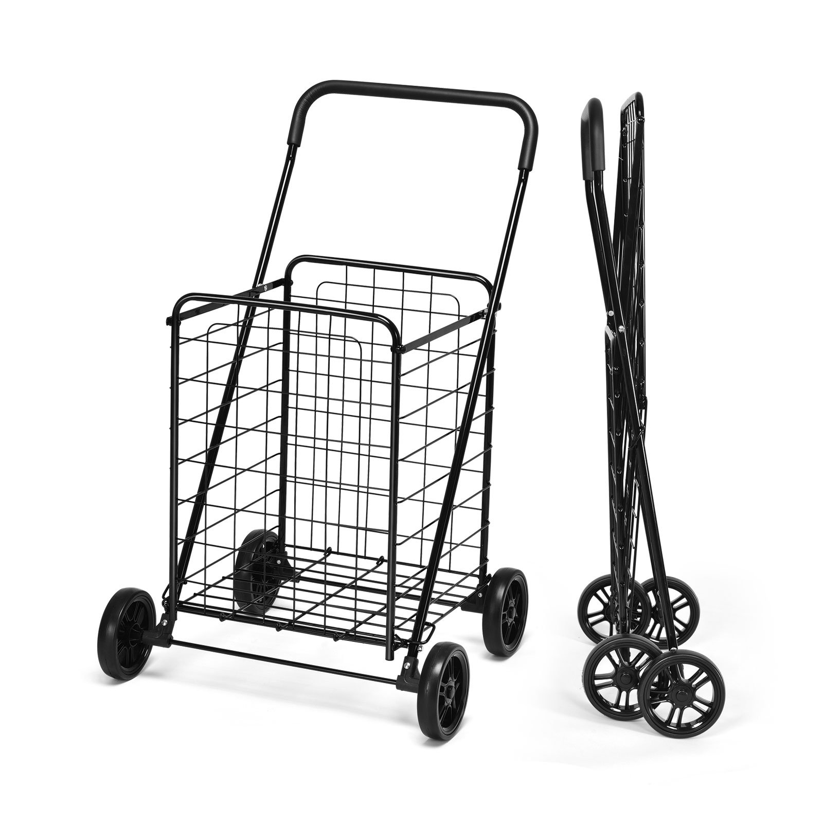 Heavy Duty Folding Shopping Cart with 83L Metal Basket-Black