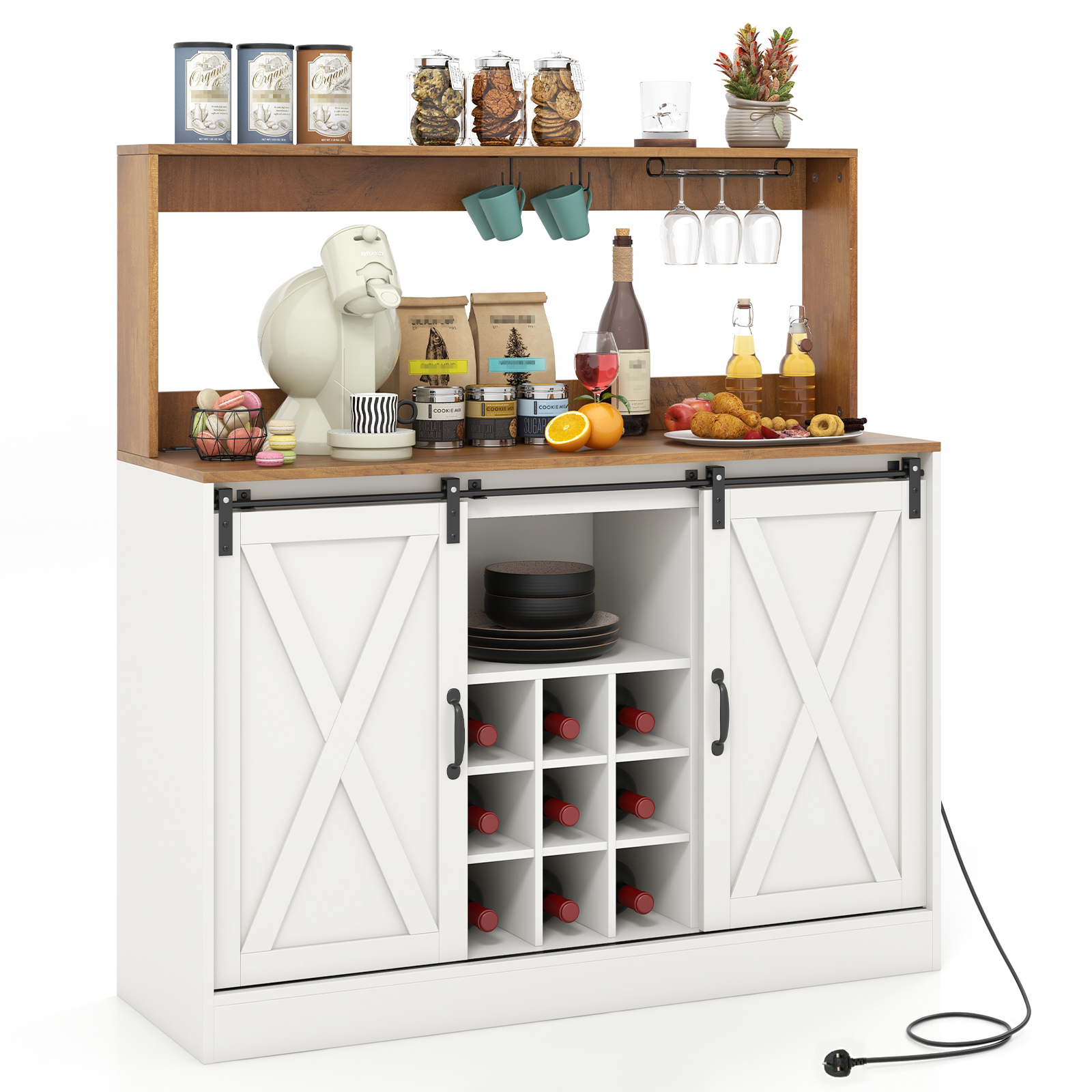 Coffee Bar Cabinet with Charging Station and Sliding Barn Doors-White