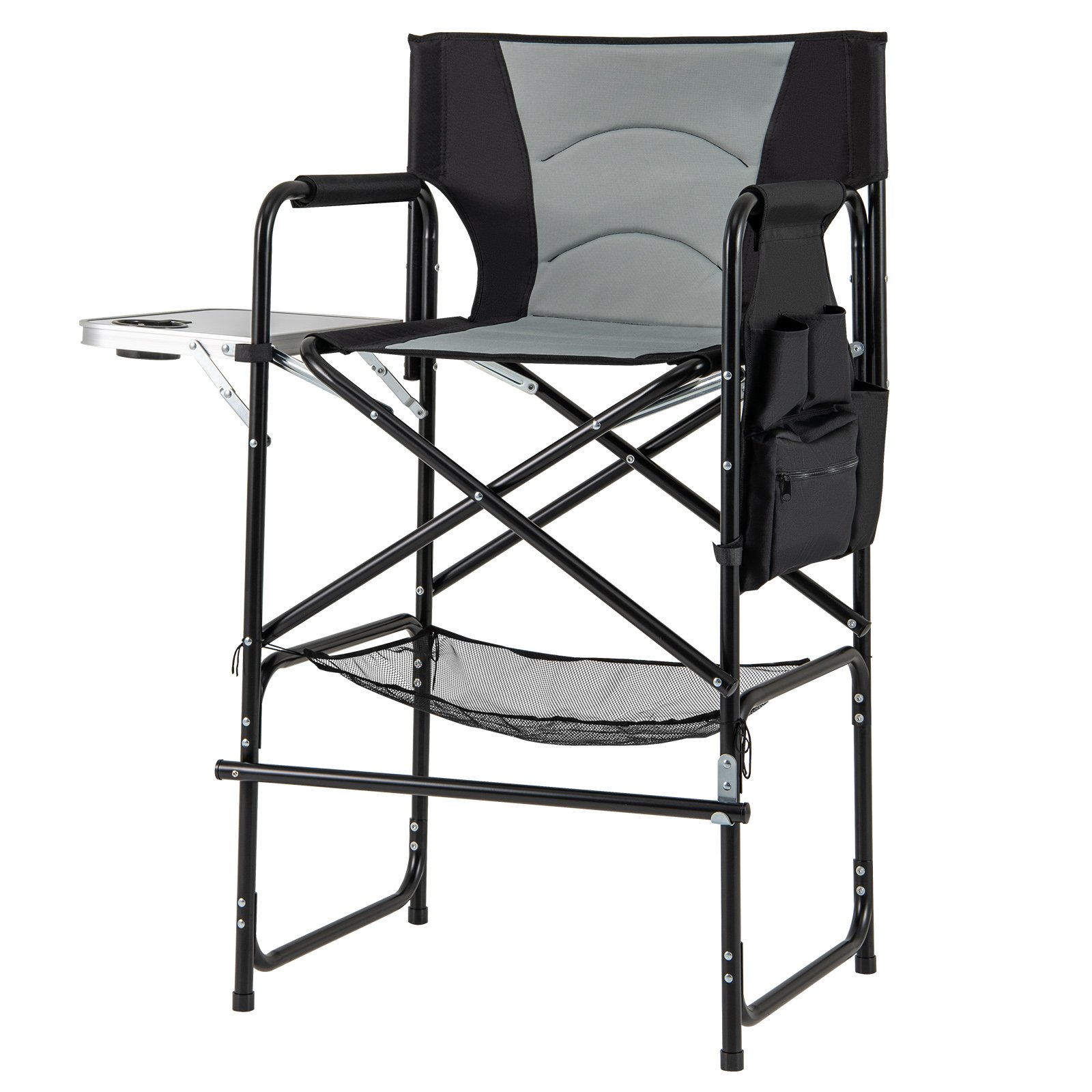 Directors Chair Folding Makeup Artist Chair with Foldable Side Table-Grey