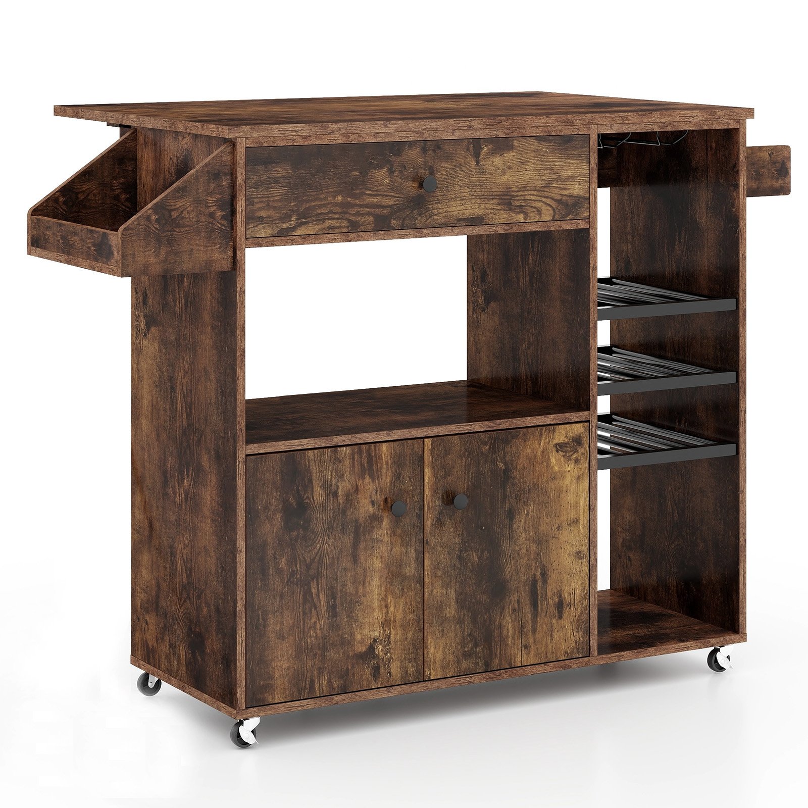 Mobile Drop Leaf Kitchen Island Cart with Microwave Shelf and Wine Rack-Rustic Brown